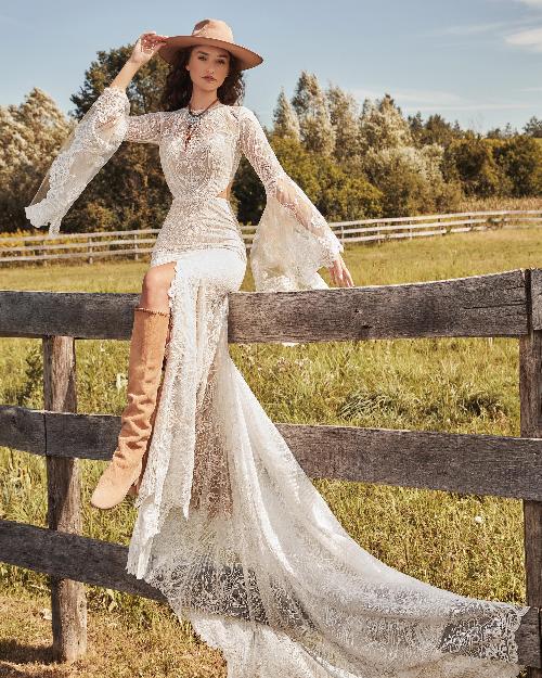 Lp2101 rustic boho wedding dress with bell sleeves and high neckline1